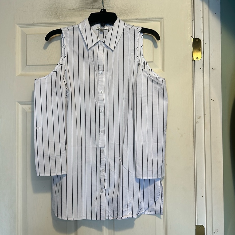 Neiman Marcus Black & White Striped Cold Shoulder… - image 1